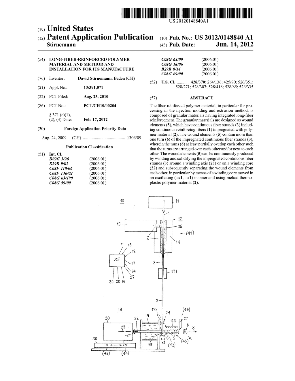 LONG-FIBER-REINFORCED POLYMER MATERIAL AND METHOD AND INSTALLATION FOR ITS     MANUFACTURE - diagram, schematic, and image 01