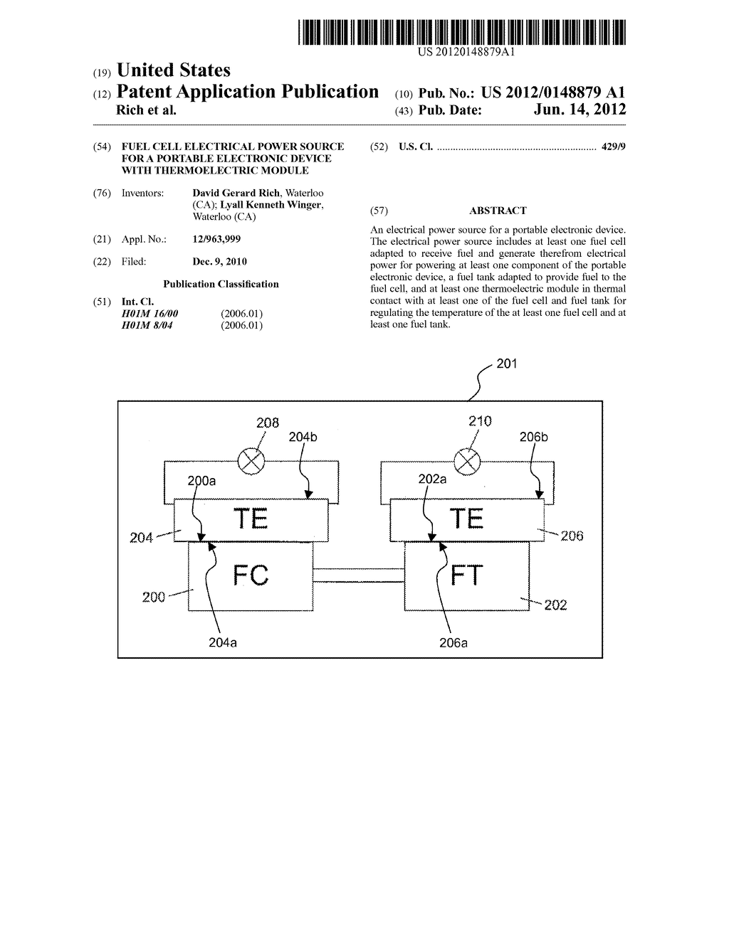 FUEL CELL ELECTRICAL POWER SOURCE FOR A PORTABLE ELECTRONIC DEVICE WITH     THERMOELECTRIC MODULE - diagram, schematic, and image 01