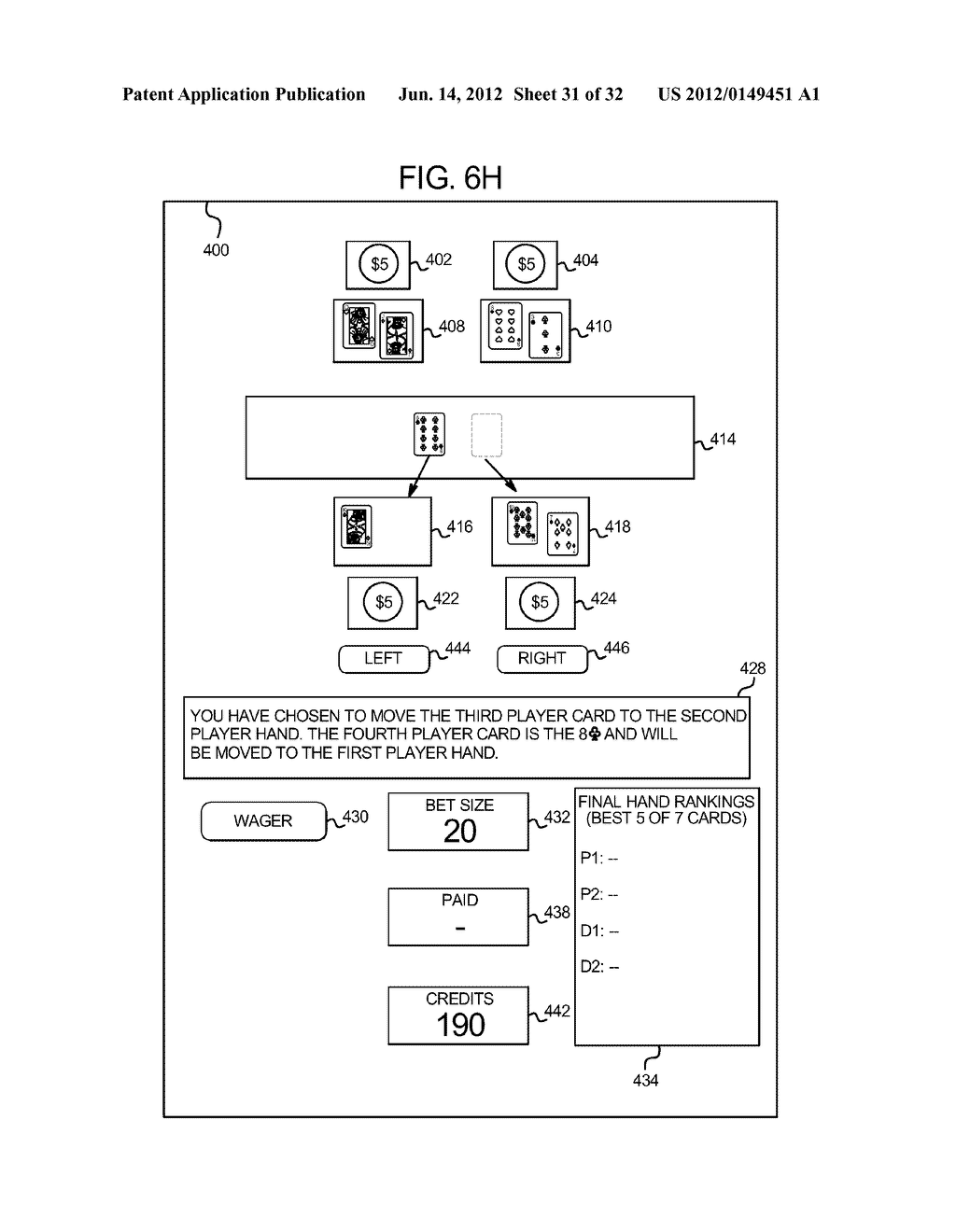 GAMING SYSTEM, GAMING DEVICE, AND METHOD PROVIDING MULTIPLE HAND CARD GAME - diagram, schematic, and image 32