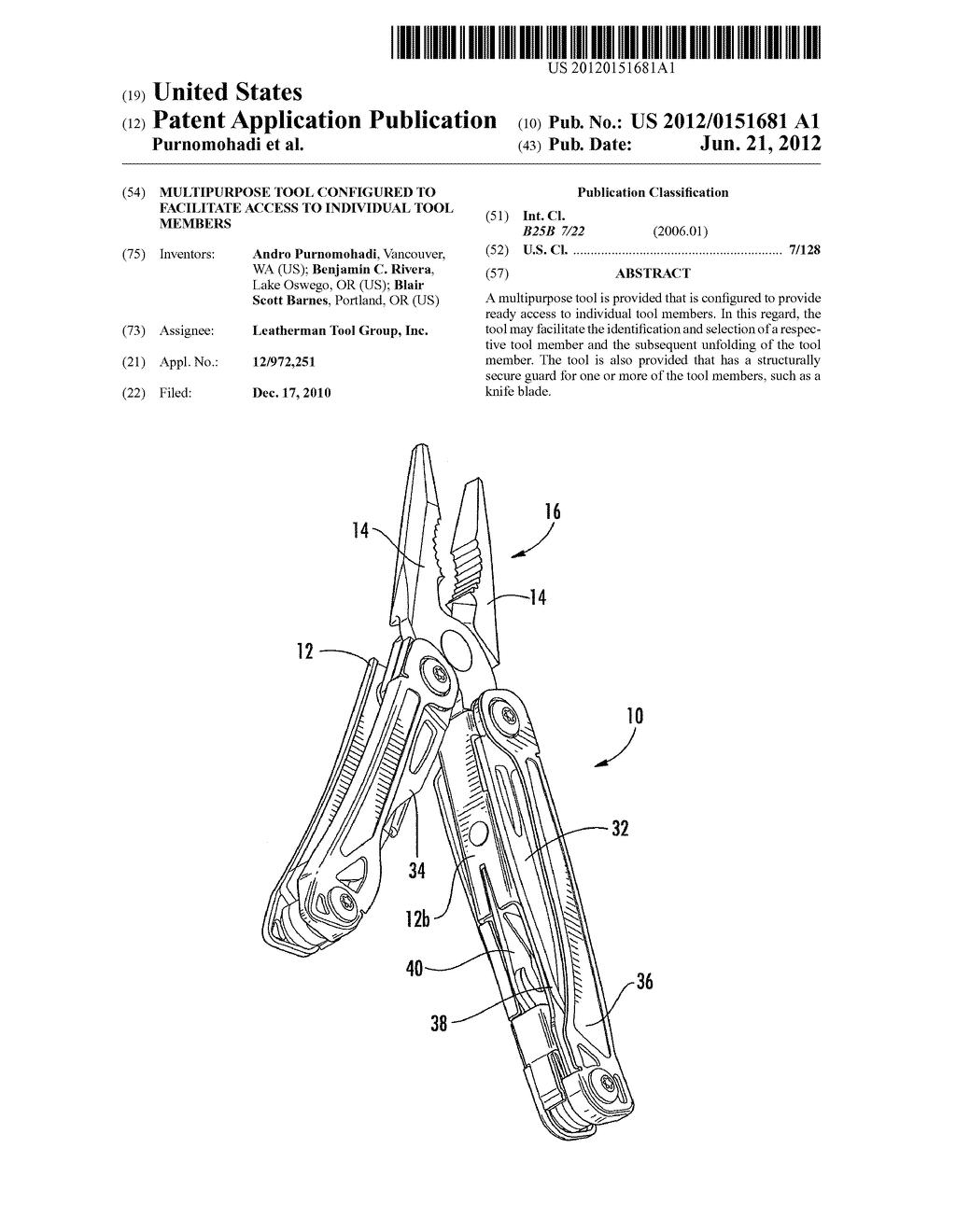 MULTIPURPOSE TOOL CONFIGURED TO FACILITATE ACCESS TO INDIVIDUAL TOOL     MEMBERS - diagram, schematic, and image 01