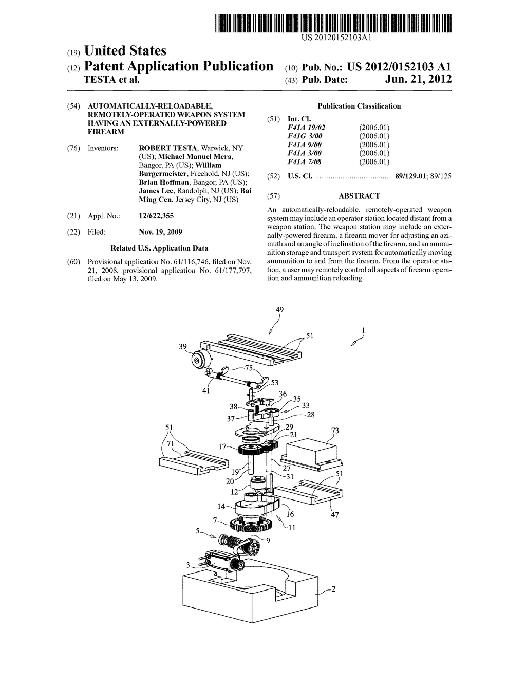 AUTOMATICALLY-RELOADABLE, REMOTELY-OPERATED WEAPON SYSTEM HAVING AN     EXTERNALLY-POWERED FIREARM - diagram, schematic, and image 01