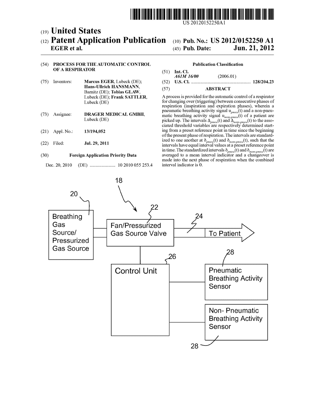 PROCESS FOR THE AUTOMATIC CONTROL OF A RESPIRATOR - diagram, schematic, and image 01