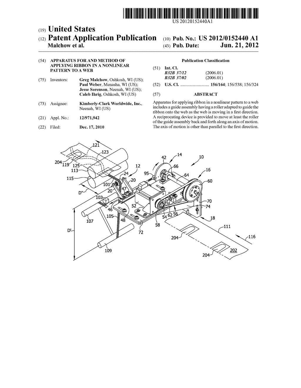 APPARATUS FOR AND METHOD OF APPLYING RIBBON IN A NONLINEAR PATTERN TO A     WEB - diagram, schematic, and image 01