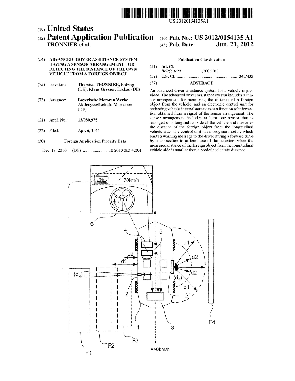 Advanced Driver Assistance System Having a Sensor Arrangement for     Detecting the Distance of the Own Vehicle from a Foreign Object - diagram, schematic, and image 01