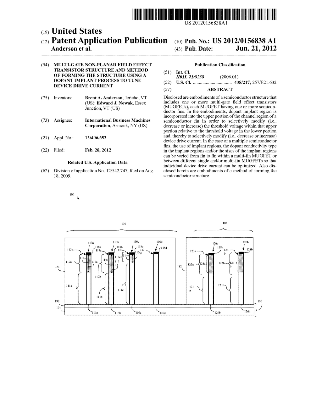 MULTI-GATE NON-PLANAR FIELD EFFECT TRANSISTOR STRUCTURE AND METHOD OF     FORMING THE STRUCTURE USING A DOPANT IMPLANT PROCESS TO TUNE DEVICE DRIVE     CURRENT - diagram, schematic, and image 01