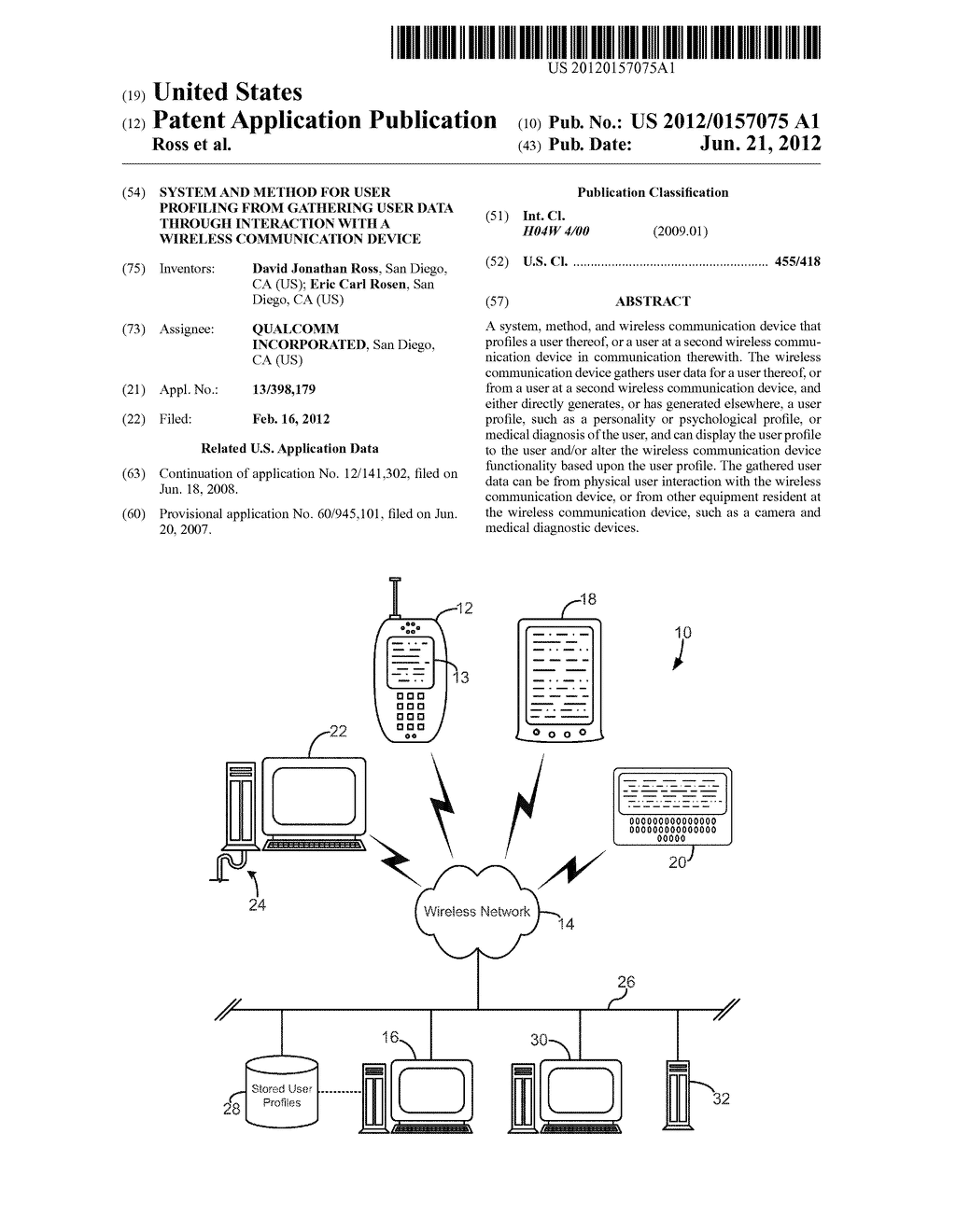 SYSTEM AND METHOD FOR USER PROFILING FROM GATHERING USER DATA THROUGH     INTERACTION WITH A WIRELESS COMMUNICATION DEVICE - diagram, schematic, and image 01