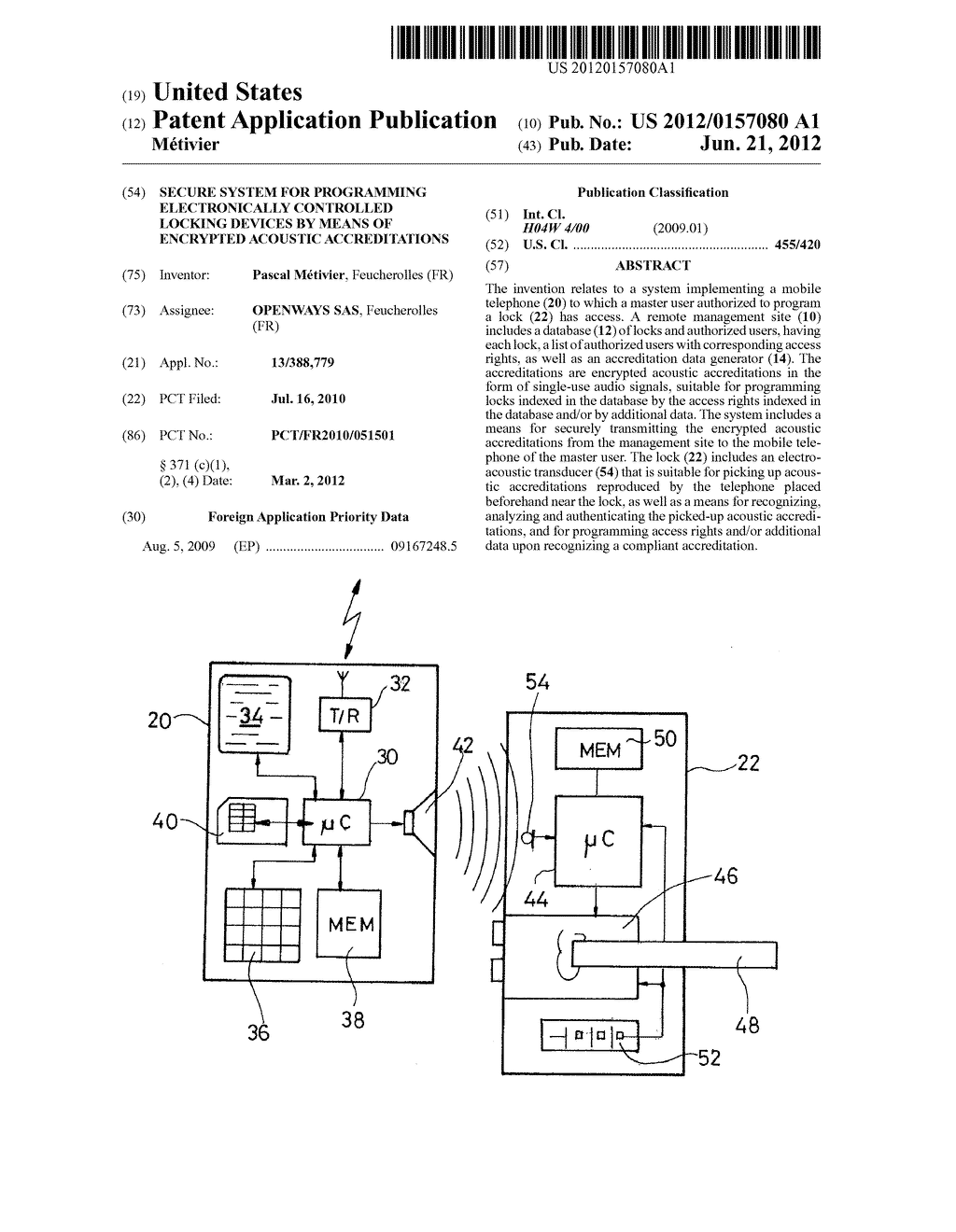 SECURE SYSTEM FOR PROGRAMMING ELECTRONICALLY CONTROLLED LOCKING DEVICES BY     MEANS OF ENCRYPTED ACOUSTIC ACCREDITATIONS - diagram, schematic, and image 01