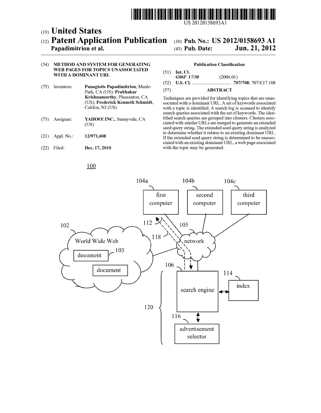 METHOD AND SYSTEM FOR GENERATING WEB PAGES FOR TOPICS UNASSOCIATED WITH A     DOMINANT URL - diagram, schematic, and image 01