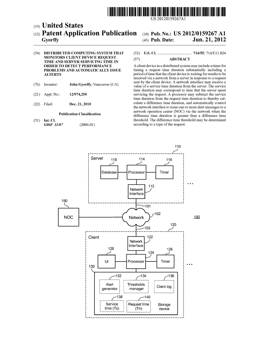 DISTRIBUTED COMPUTING SYSTEM THAT MONITORS CLIENT DEVICE REQUEST TIME AND     SERVER SERVICING TIME IN ORDER TO DETECT PERFORMANCE PROBLEMS AND     AUTOMATICALLY ISSUE ALTERTS - diagram, schematic, and image 01