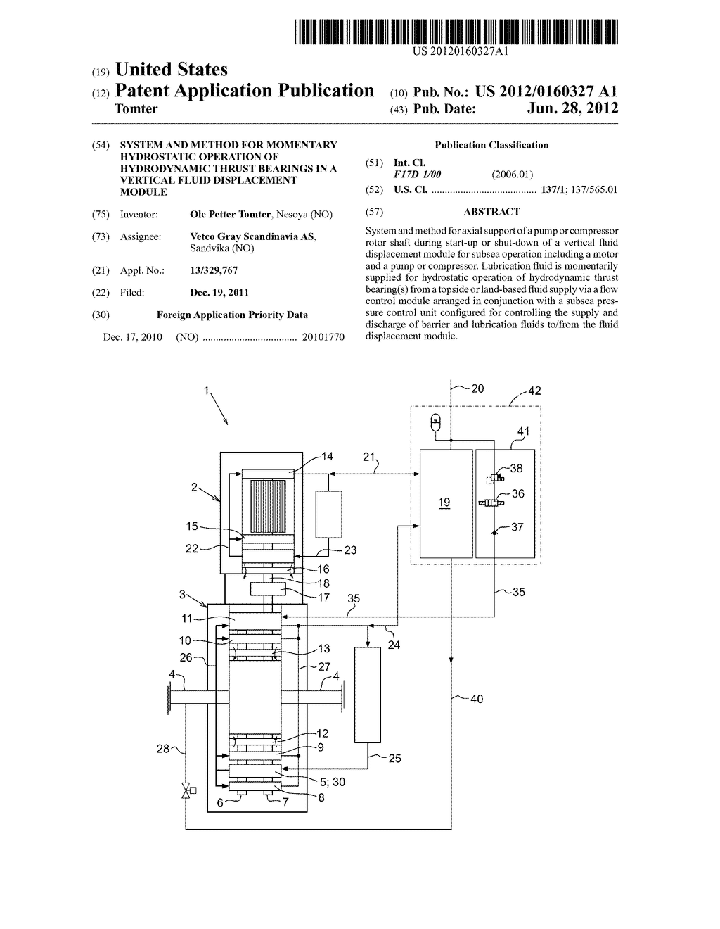 SYSTEM AND METHOD FOR MOMENTARY HYDROSTATIC OPERATION OF HYDRODYNAMIC     THRUST BEARINGS IN A VERTICAL FLUID DISPLACEMENT MODULE - diagram, schematic, and image 01