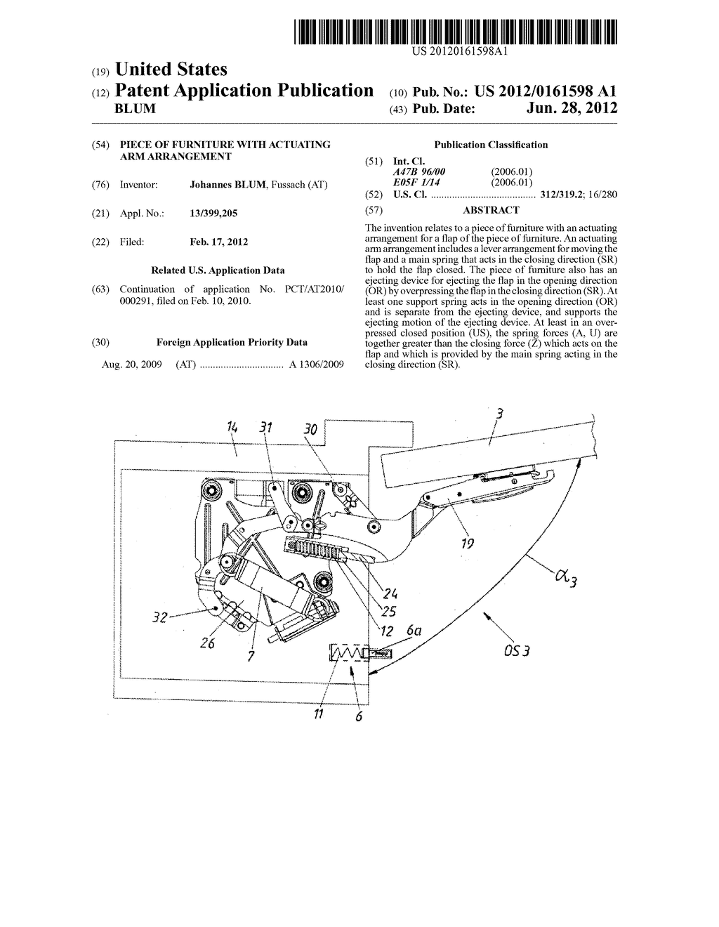 PIECE OF FURNITURE WITH ACTUATING ARM ARRANGEMENT - diagram, schematic, and image 01