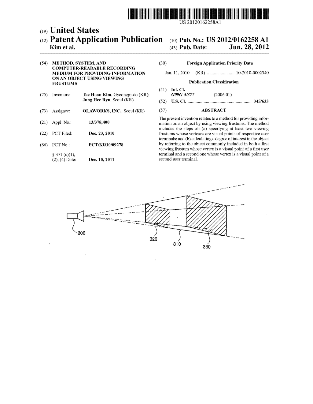 METHOD, SYSTEM, AND COMPUTER-READABLE RECORDING MEDIUM FOR PROVIDING     INFORMATION ON AN OBJECT USING VIEWING FRUSTUMS - diagram, schematic, and image 01