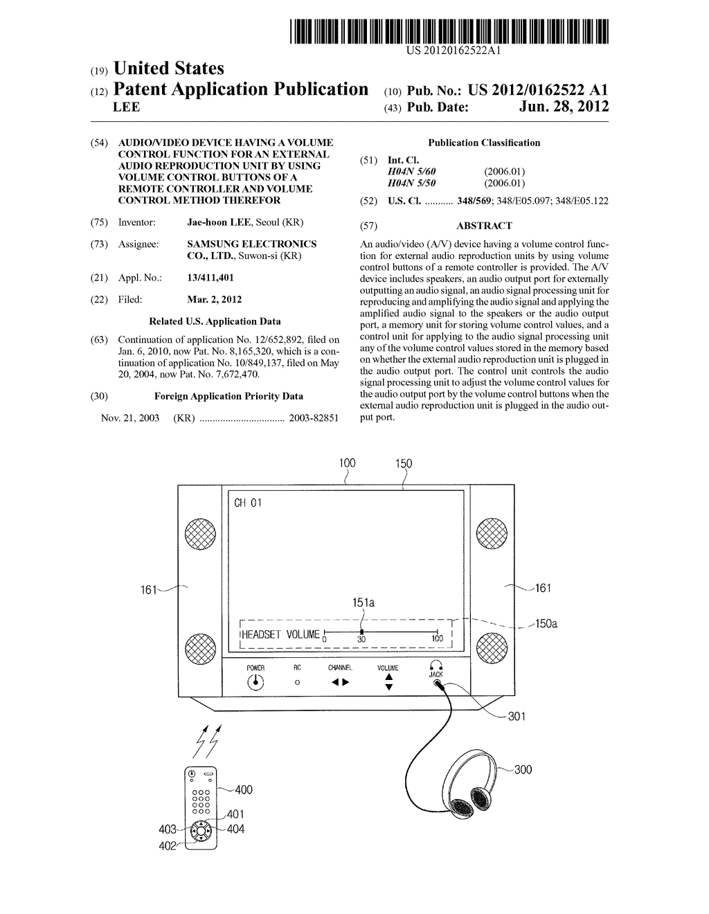 AUDIO/VIDEO DEVICE HAVING A VOLUME CONTROL FUNCTION FOR AN EXTERNAL AUDIO     REPRODUCTION UNIT BY USING VOLUME CONTROL BUTTONS OF A REMOTE CONTROLLER     AND VOLUME CONTROL METHOD THEREFOR - diagram, schematic, and image 01