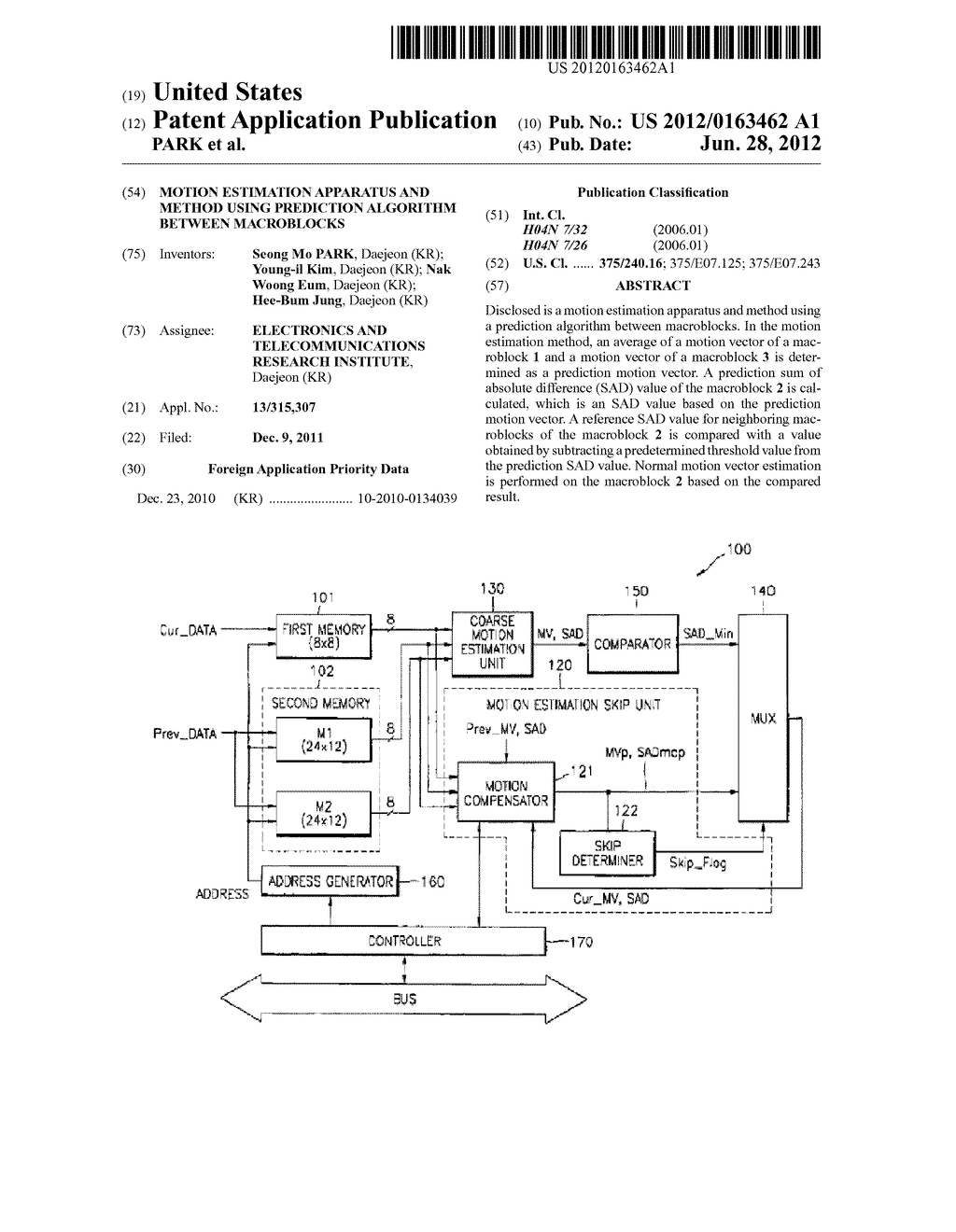 MOTION ESTIMATION APPARATUS AND METHOD USING PREDICTION ALGORITHM BETWEEN     MACROBLOCKS - diagram, schematic, and image 01