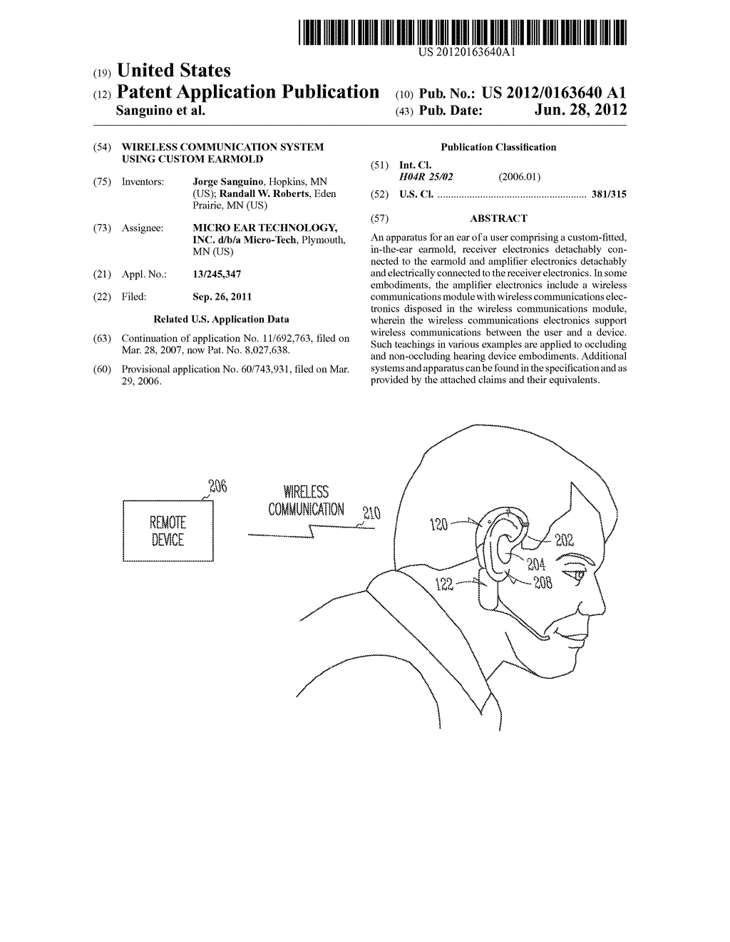 WIRELESS COMMUNICATION SYSTEM USING CUSTOM EARMOLD - diagram, schematic, and image 01