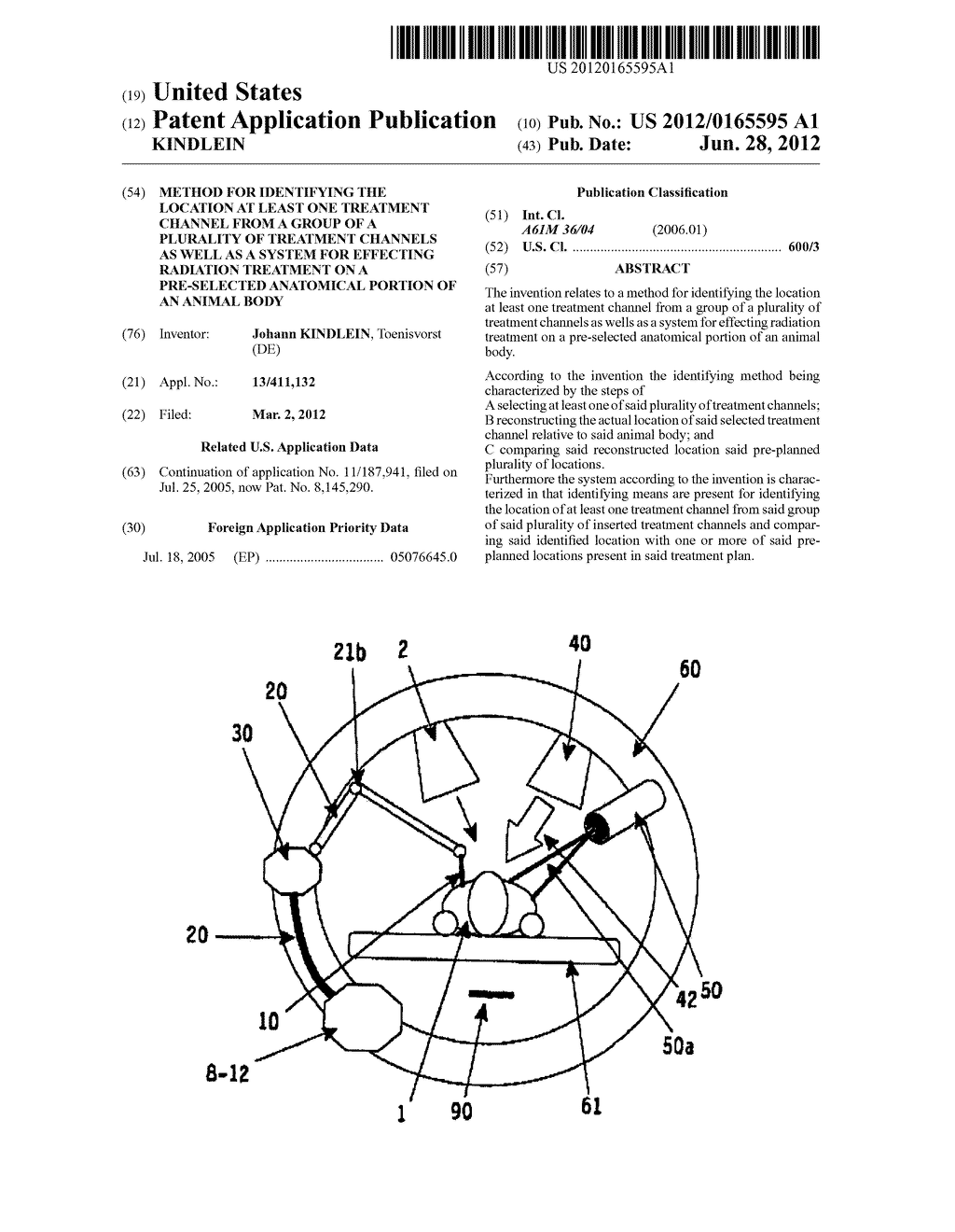 METHOD FOR IDENTIFYING THE LOCATION AT LEAST ONE TREATMENT CHANNEL FROM A     GROUP OF A PLURALITY OF TREATMENT CHANNELS AS WELL AS A SYSTEM FOR     EFFECTING RADIATION TREATMENT ON A PRE-SELECTED ANATOMICAL PORTION OF AN     ANIMAL BODY - diagram, schematic, and image 01