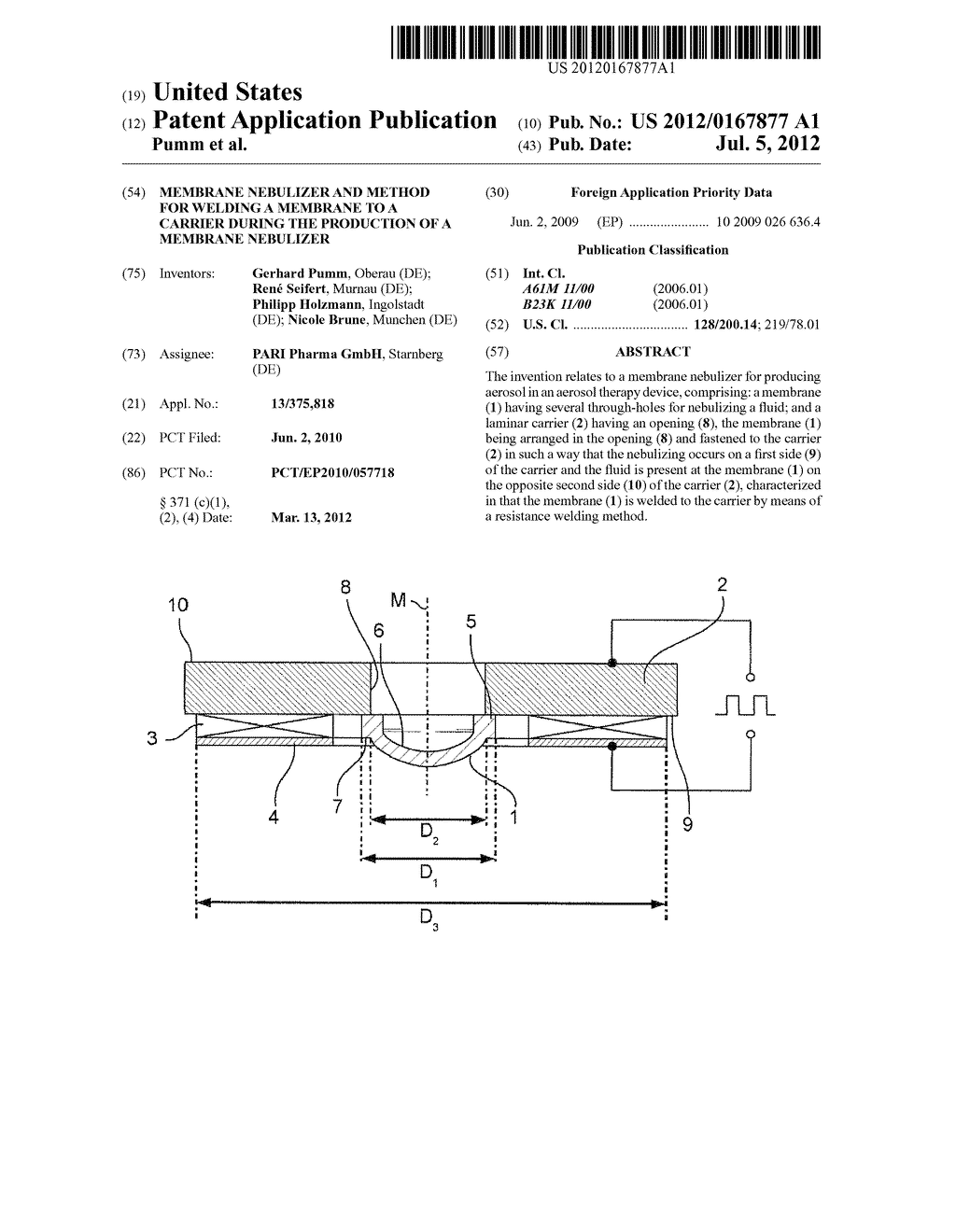 MEMBRANE NEBULIZER AND METHOD FOR WELDING A MEMBRANE TO A CARRIER DURING     THE PRODUCTION OF A MEMBRANE NEBULIZER - diagram, schematic, and image 01