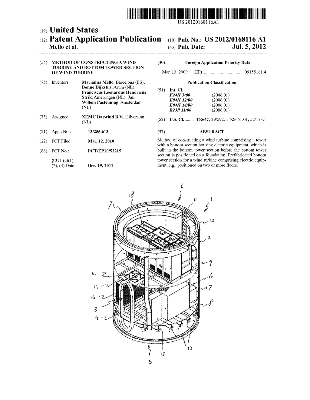 METHOD OF CONSTRUCTING A WIND TURBINE AND BOTTOM TOWER SECTION OF WIND     TURBINE - diagram, schematic, and image 01