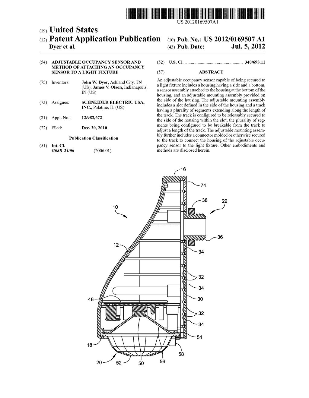 ADJUSTABLE OCCUPANCY SENSOR AND METHOD OF ATTACHING AN OCCUPANCY SENSOR TO     A LIGHT FIXTURE - diagram, schematic, and image 01