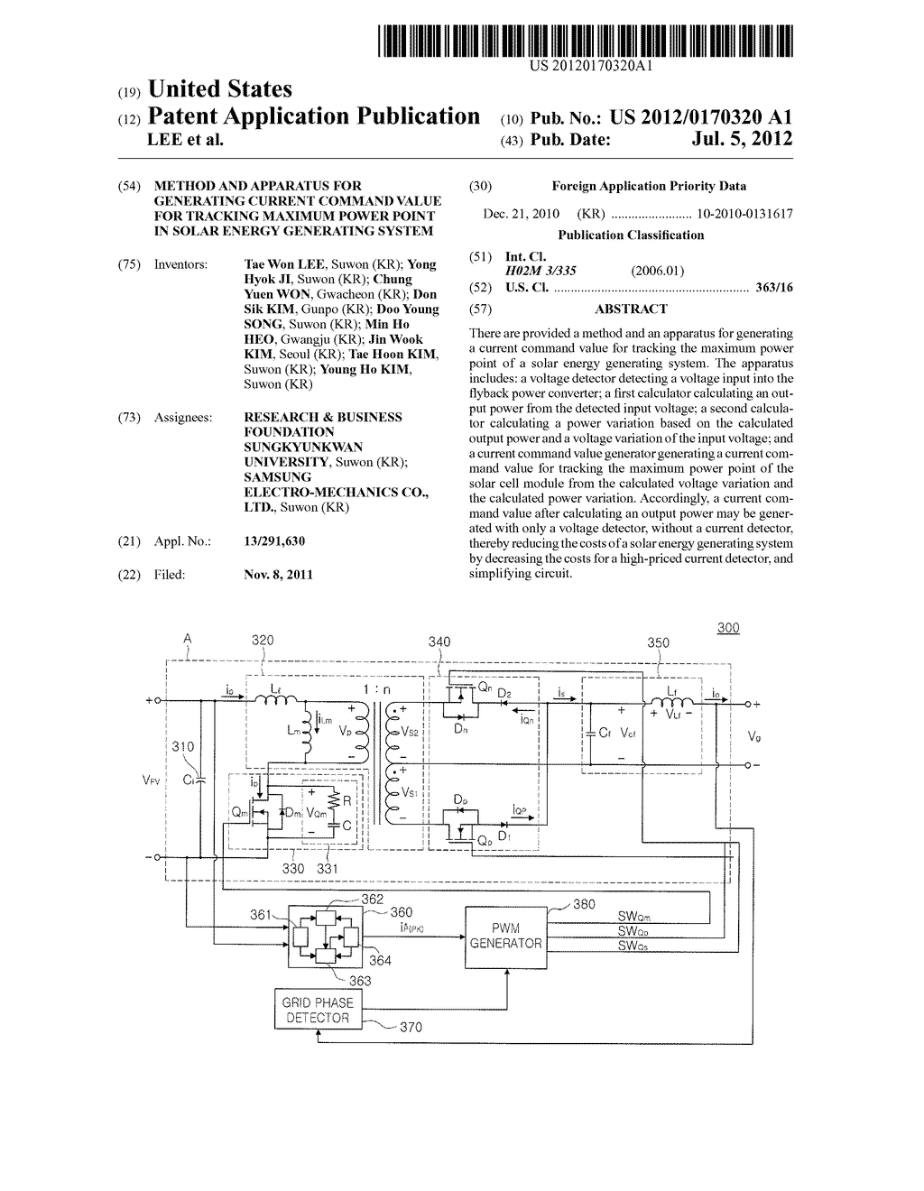 METHOD AND APPARATUS FOR GENERATING CURRENT COMMAND VALUE FOR TRACKING     MAXIMUM POWER POINT IN SOLAR ENERGY GENERATING SYSTEM - diagram, schematic, and image 01