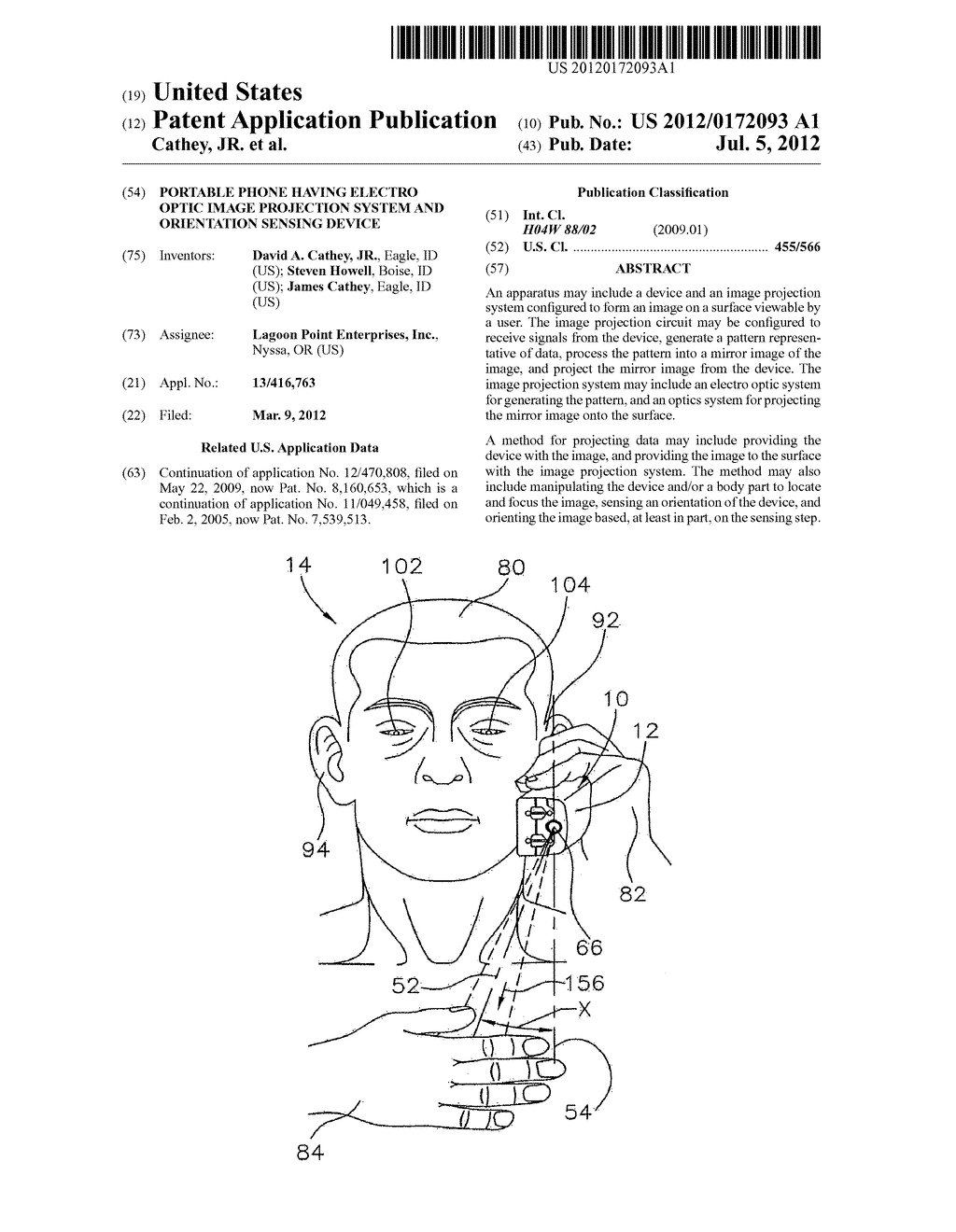 PORTABLE PHONE HAVING ELECTRO OPTIC IMAGE PROJECTION SYSTEM AND     ORIENTATION SENSING DEVICE - diagram, schematic, and image 01