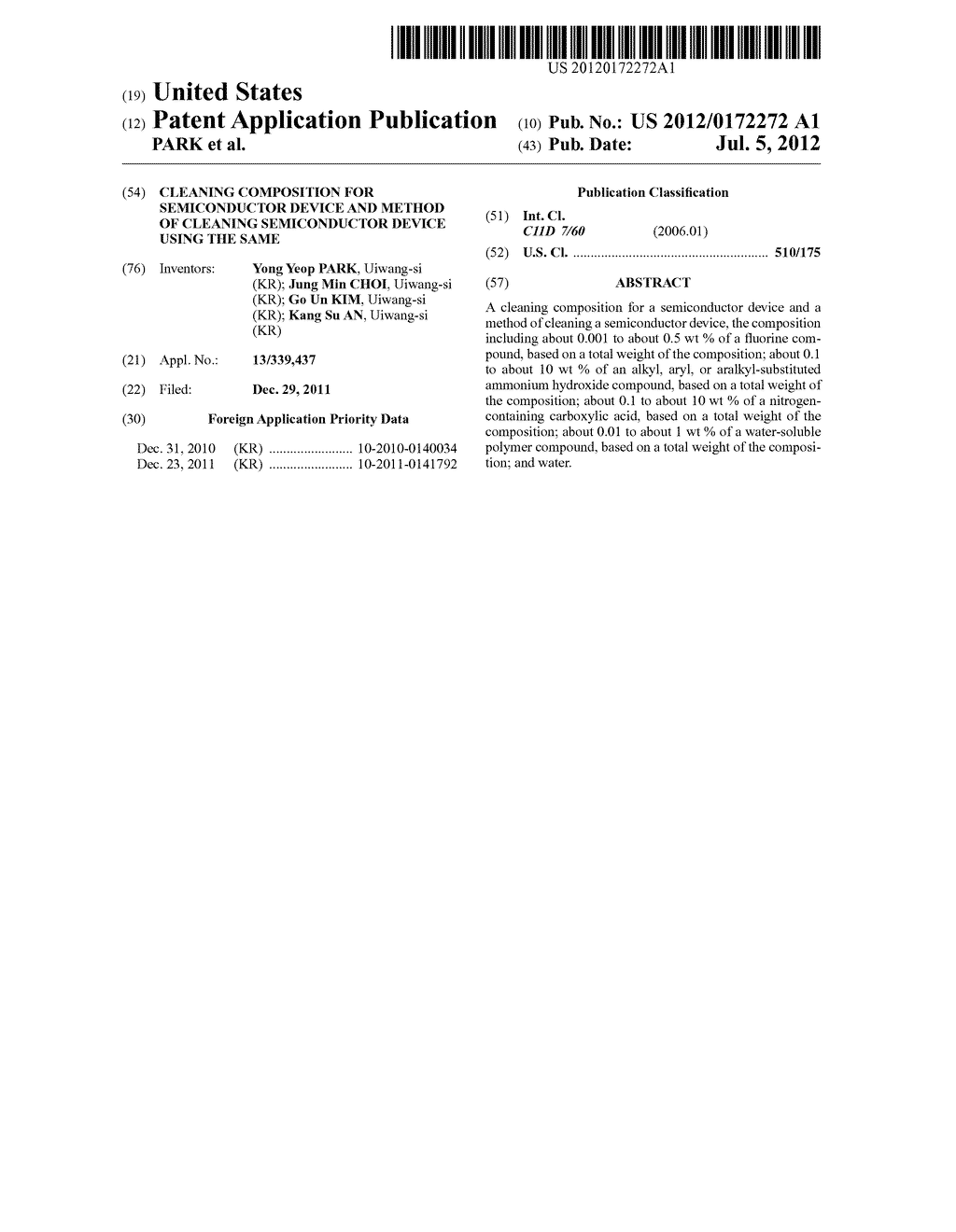 CLEANING COMPOSITION FOR SEMICONDUCTOR DEVICE AND METHOD OF CLEANING     SEMICONDUCTOR DEVICE USING THE SAME - diagram, schematic, and image 01