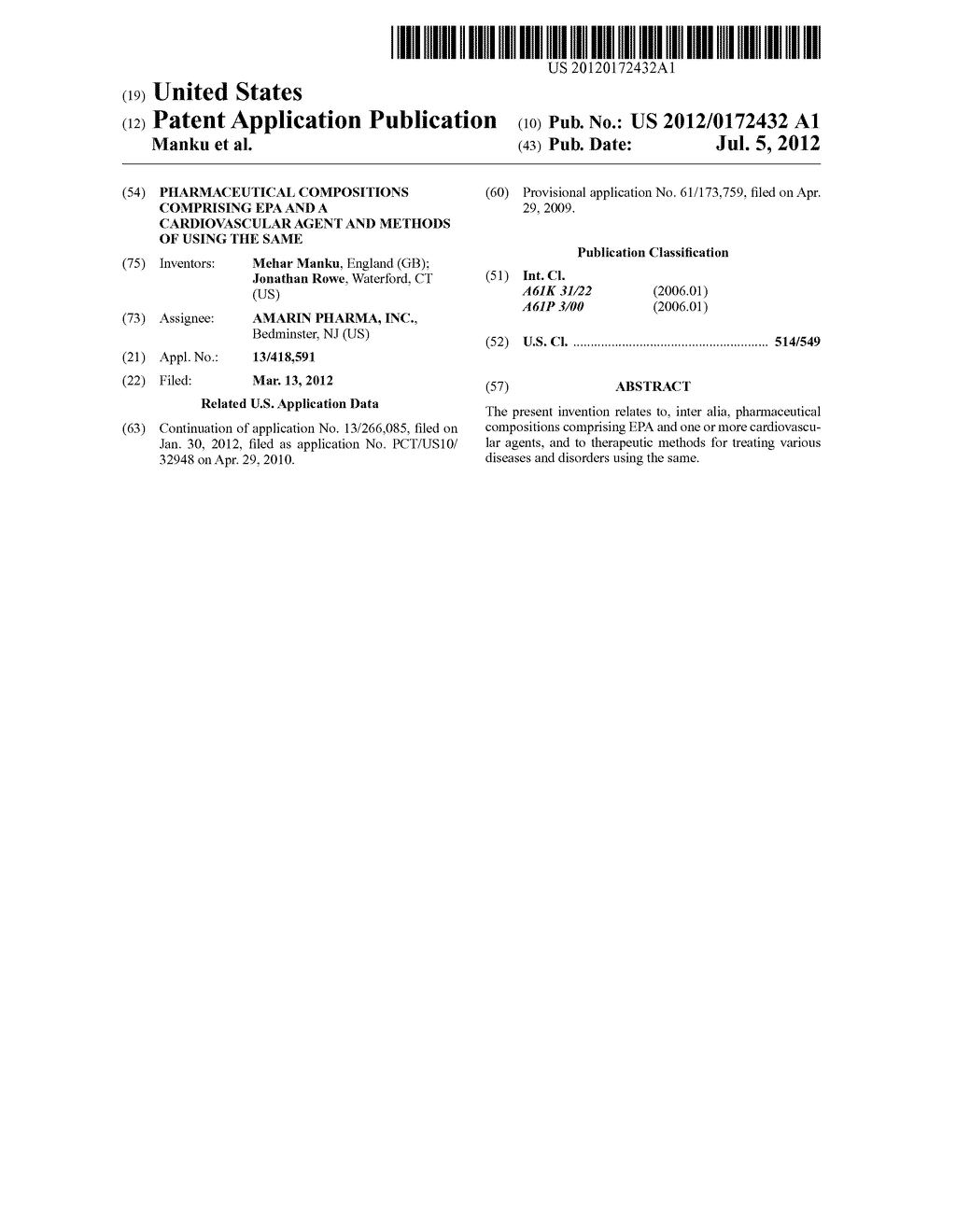 PHARMACEUTICAL COMPOSITIONS COMPRISING EPA AND A CARDIOVASCULAR AGENT AND     METHODS OF USING THE SAME - diagram, schematic, and image 01