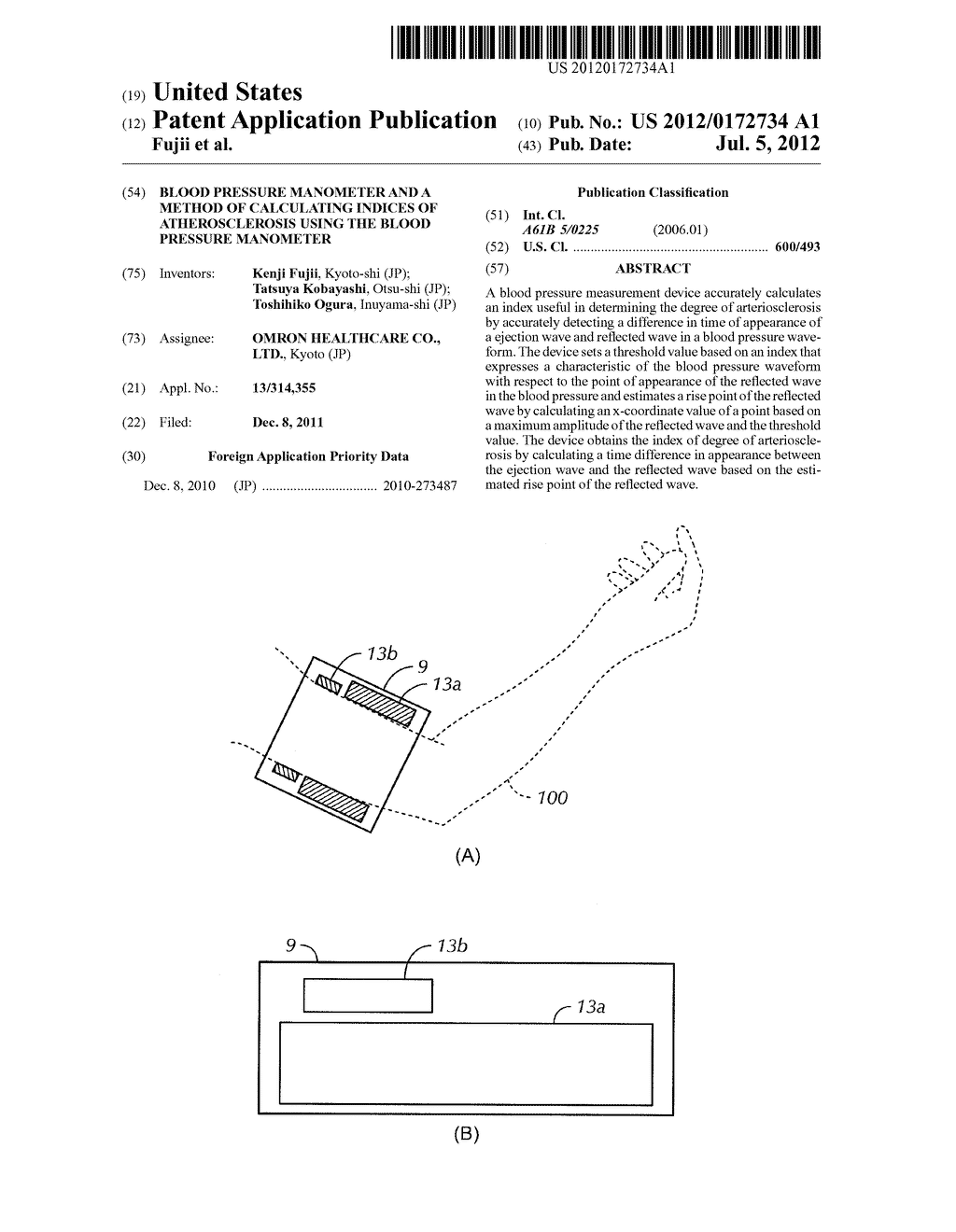 BLOOD PRESSURE MANOMETER AND A METHOD OF CALCULATING INDICES OF     ATHEROSCLEROSIS USING THE BLOOD PRESSURE MANOMETER - diagram, schematic, and image 01