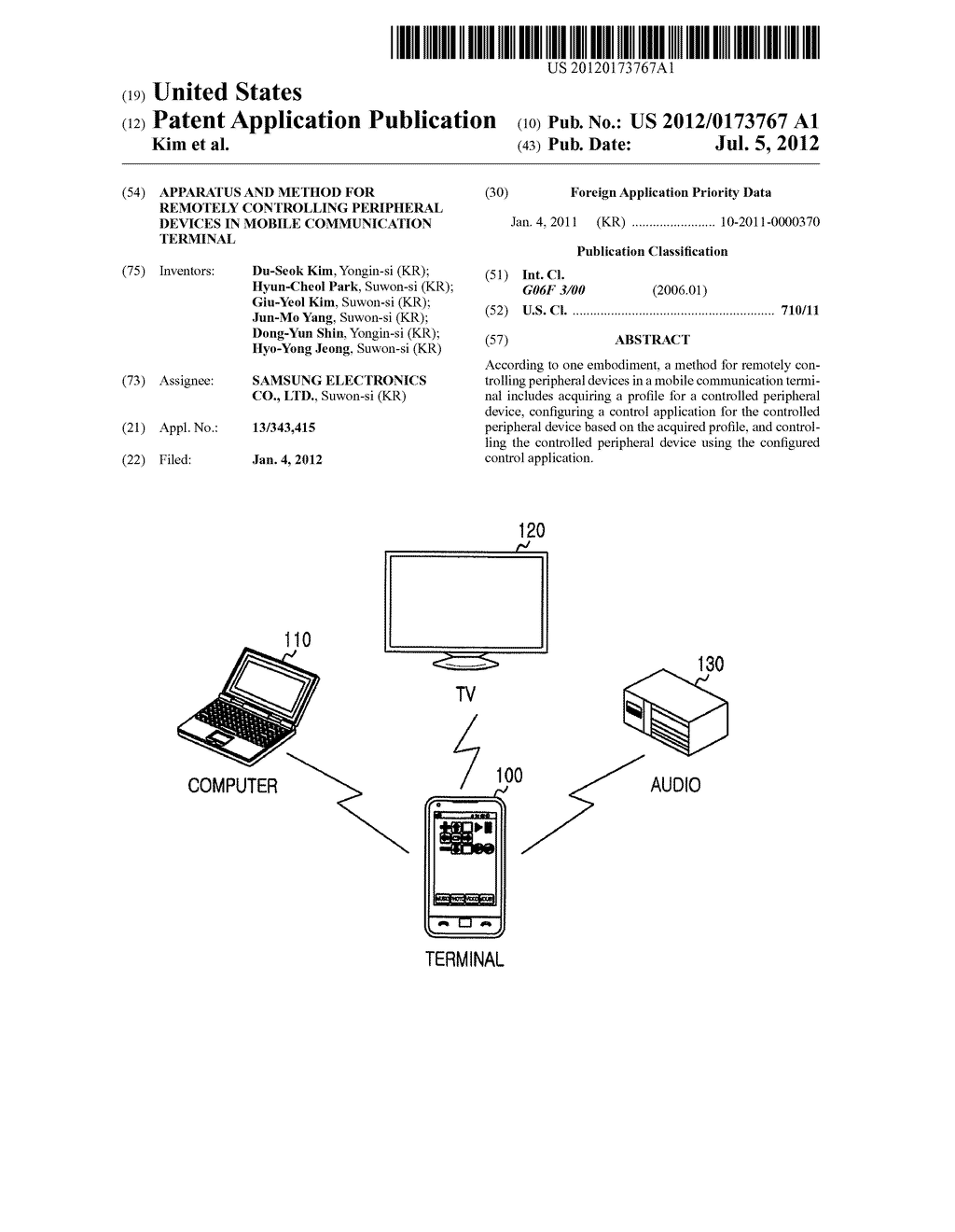 APPARATUS AND METHOD FOR REMOTELY CONTROLLING PERIPHERAL DEVICES IN MOBILE     COMMUNICATION TERMINAL - diagram, schematic, and image 01