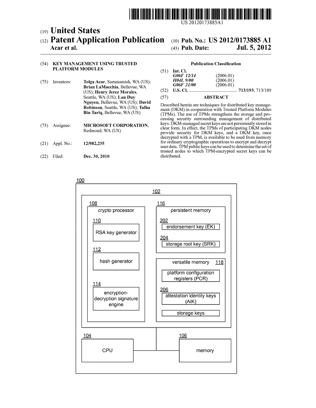 KEY MANAGEMENT USING TRUSTED PLATFORM MODULES - diagram, schematic, and image 01