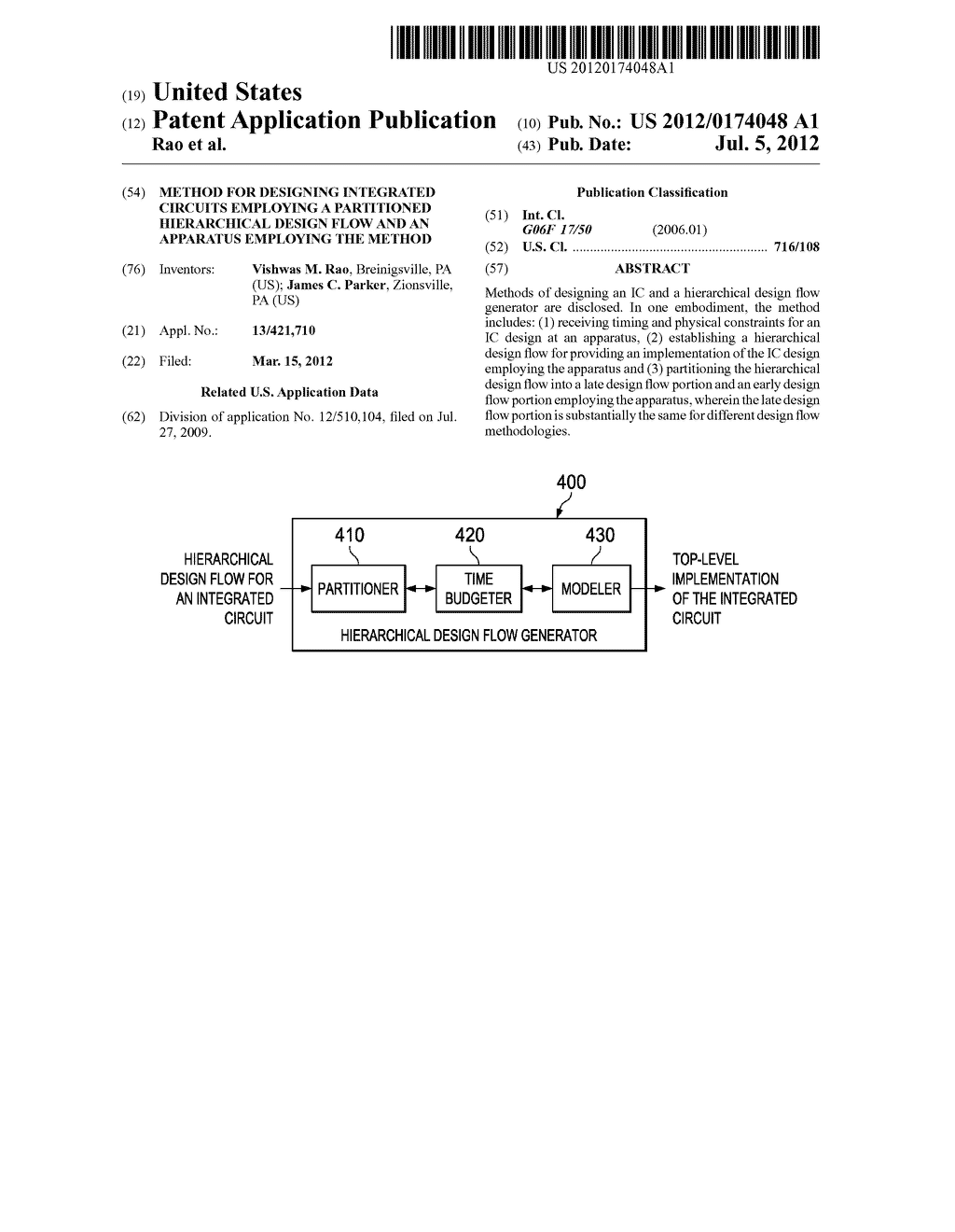 METHOD FOR DESIGNING INTEGRATED CIRCUITS EMPLOYING A PARTITIONED     HIERARCHICAL DESIGN FLOW AND AN APPARATUS EMPLOYING THE METHOD - diagram, schematic, and image 01