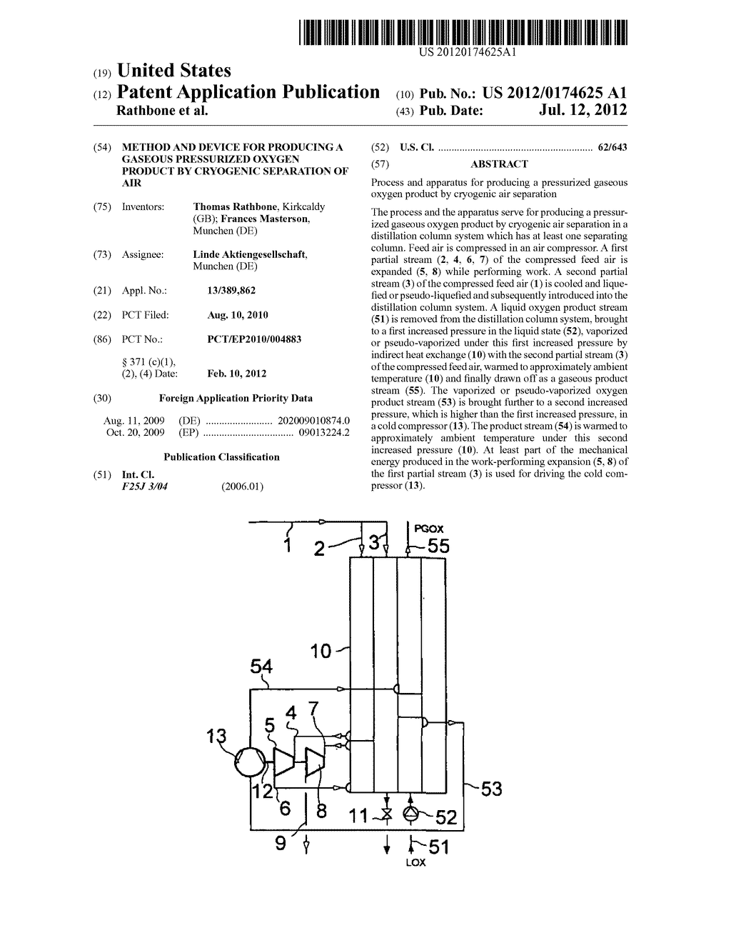 METHOD AND DEVICE FOR PRODUCING A GASEOUS PRESSURIZED OXYGEN PRODUCT BY     CRYOGENIC SEPARATION OF AIR - diagram, schematic, and image 01