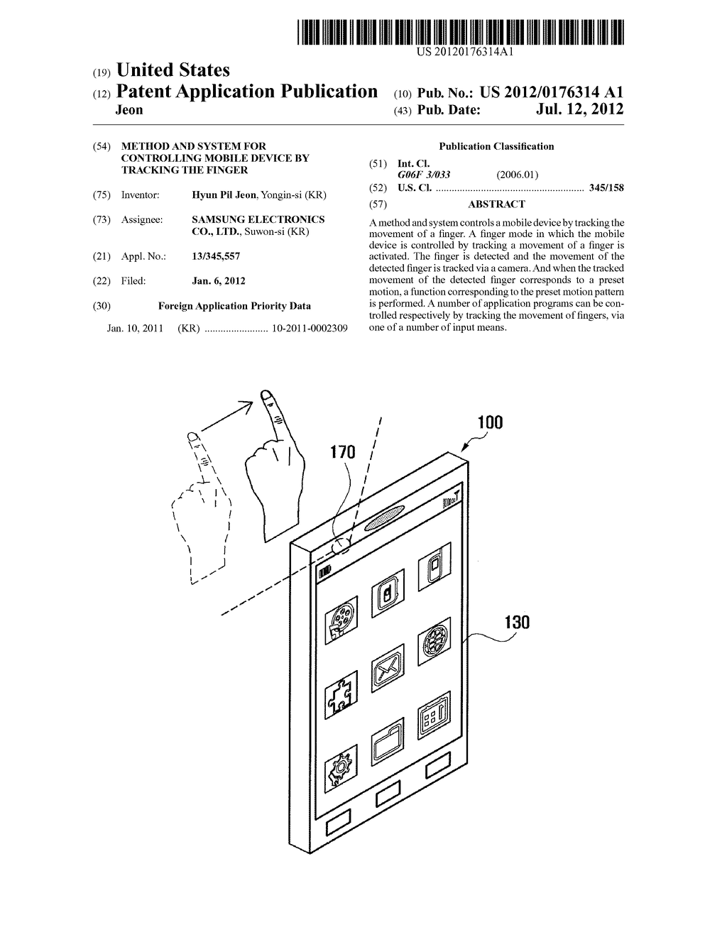 METHOD AND SYSTEM FOR CONTROLLING MOBILE DEVICE BY TRACKING THE FINGER - diagram, schematic, and image 01