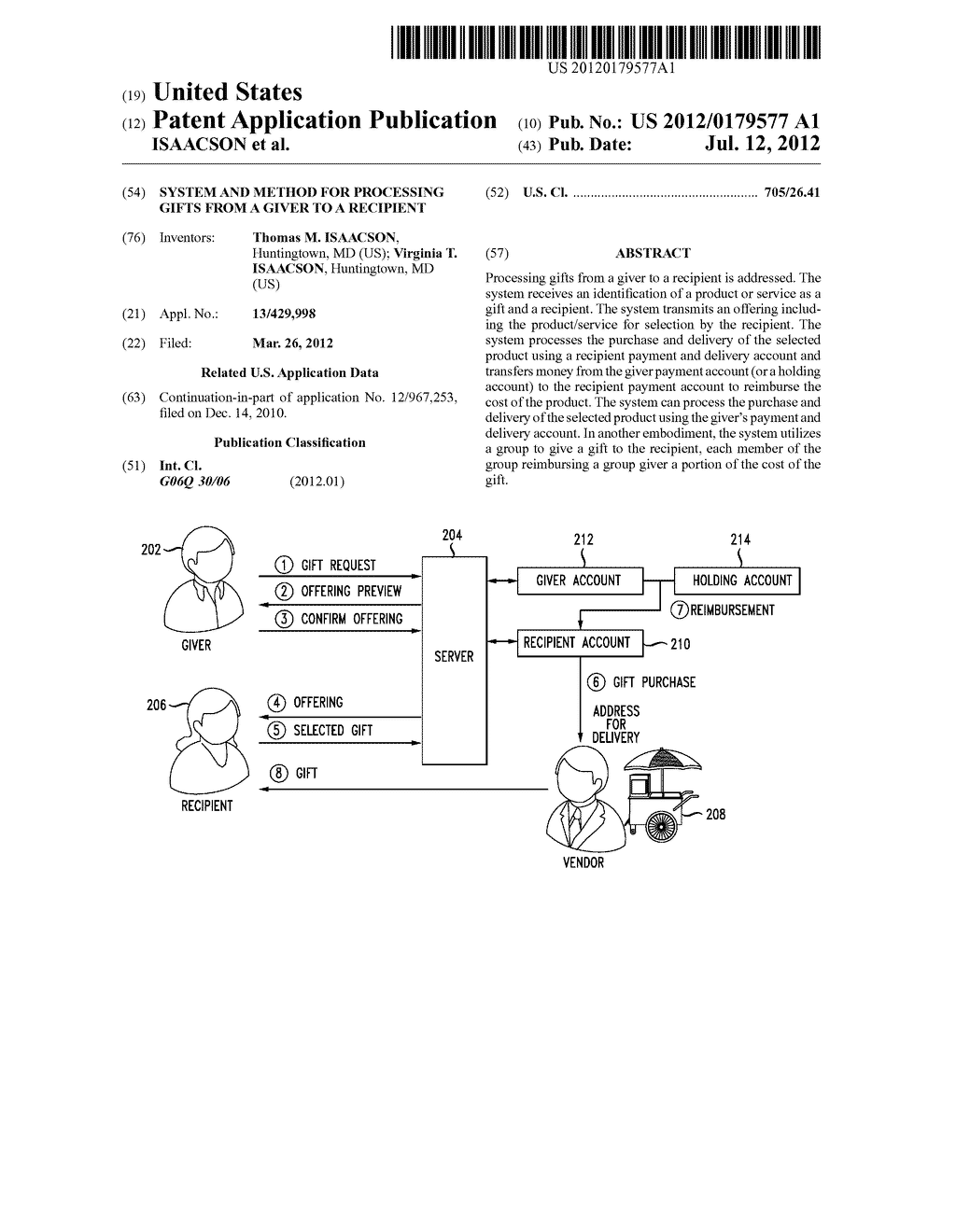 SYSTEM AND METHOD FOR PROCESSING GIFTS FROM A GIVER TO A RECIPIENT - diagram, schematic, and image 01