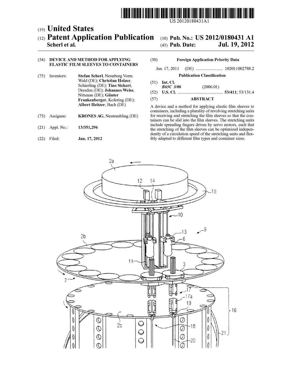 DEVICE AND METHOD FOR APPLYING ELASTIC FILM SLEEVES TO CONTAINERS - diagram, schematic, and image 01