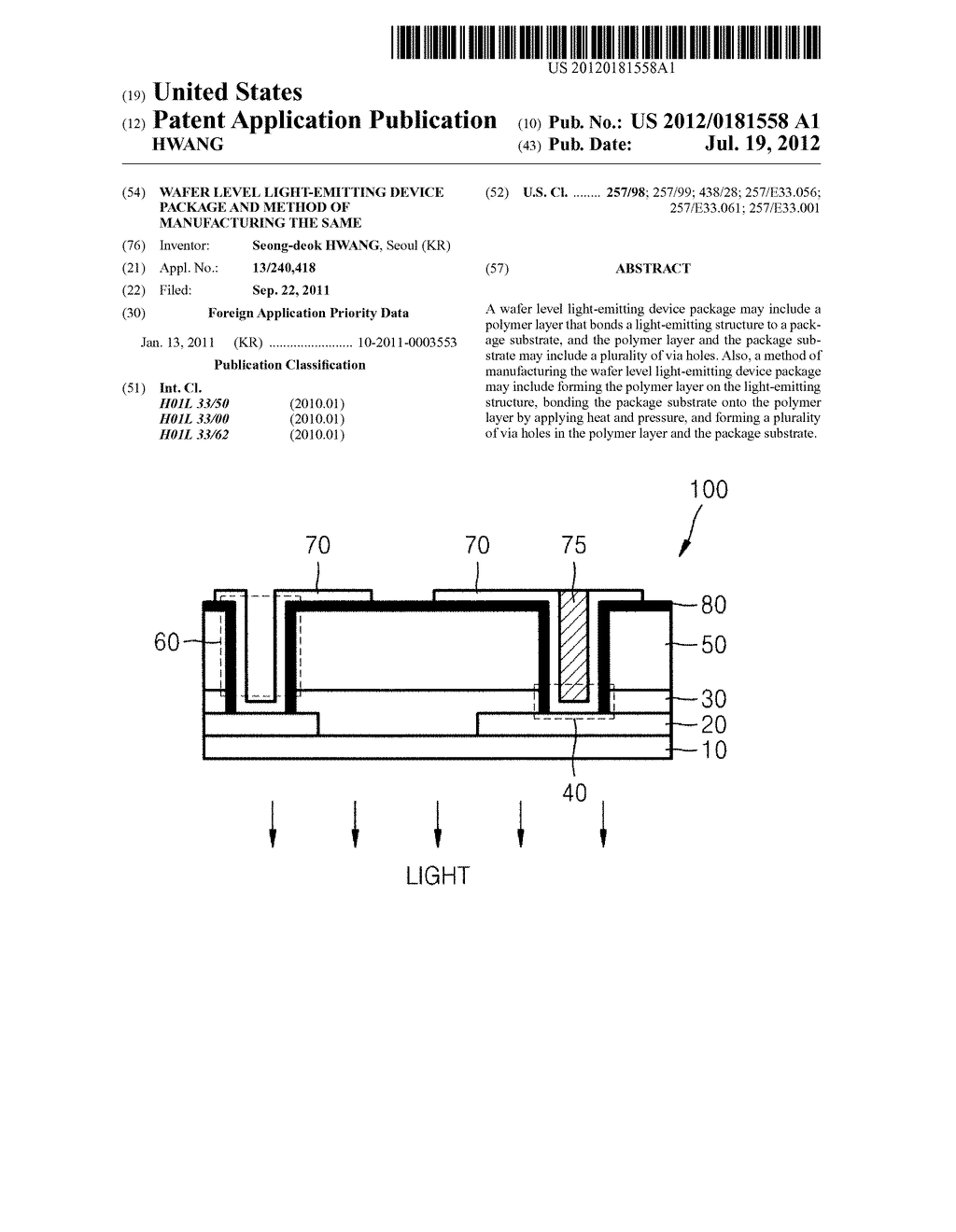 WAFER LEVEL LIGHT-EMITTING DEVICE PACKAGE AND METHOD OF MANUFACTURING THE     SAME - diagram, schematic, and image 01
