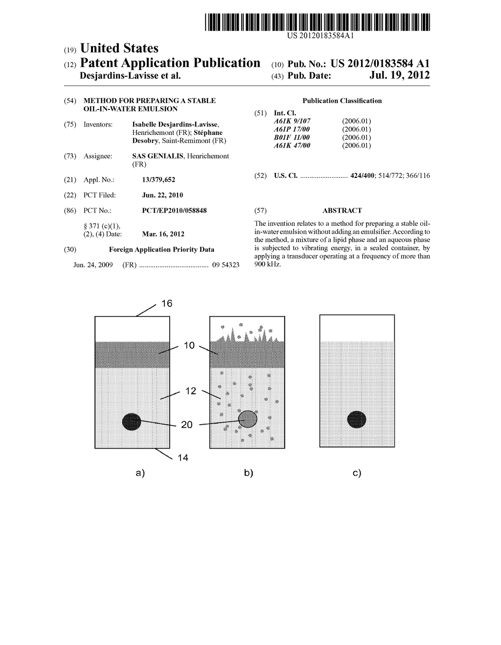 METHOD FOR PREPARING A STABLE OIL-IN-WATER EMULSION - diagram, schematic, and image 01