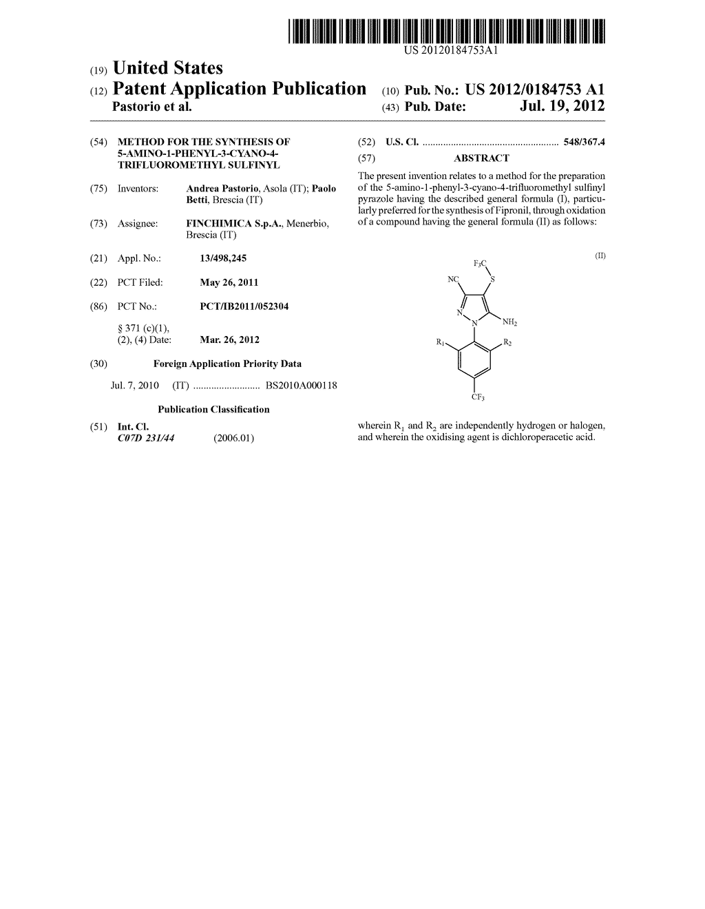 METHOD FOR THE SYNTHESIS OF 5-AMINO-1-PHENYL-3-CYANO-4-TRIFLUOROMETHYL     SULFINYL - diagram, schematic, and image 01