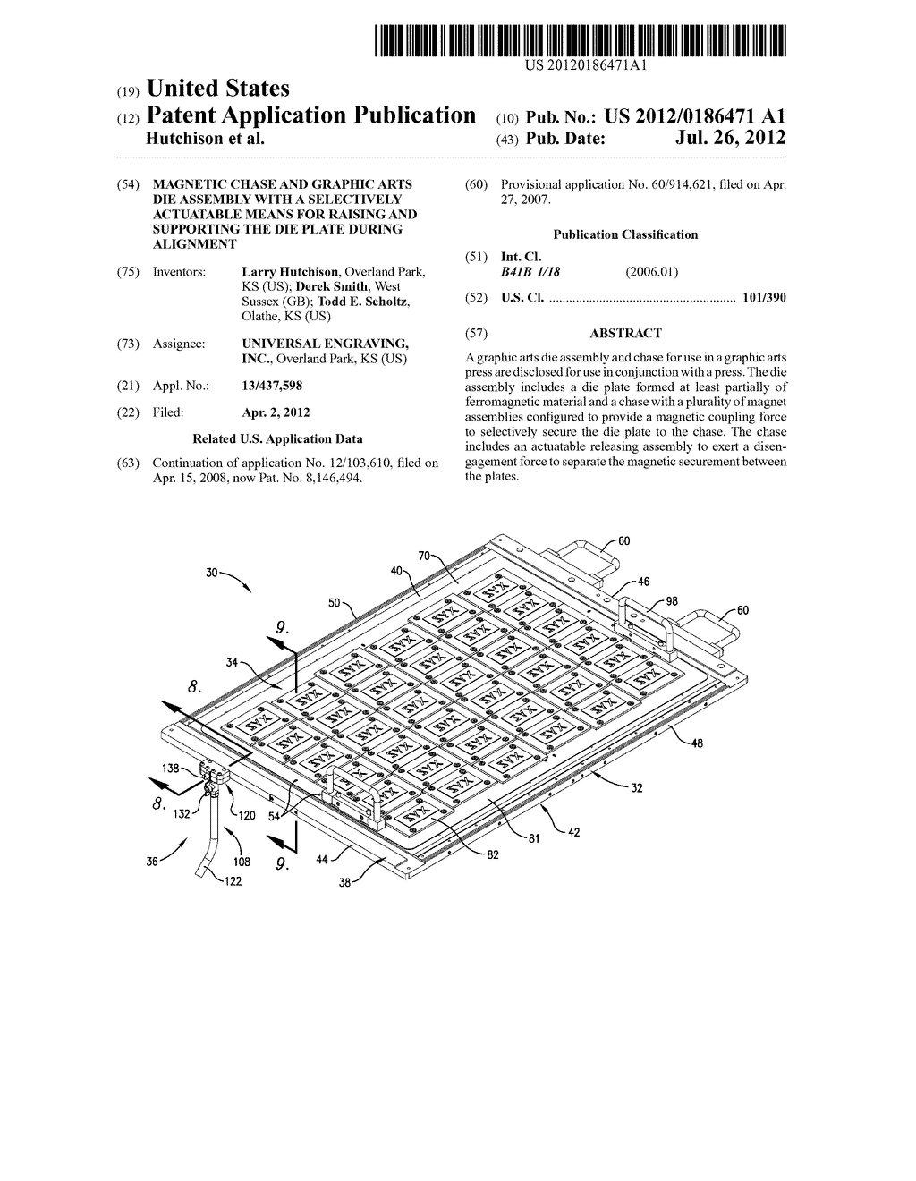 MAGNETIC CHASE AND GRAPHIC ARTS DIE ASSEMBLY WITH A SELECTIVELY ACTUATABLE     MEANS FOR RAISING AND SUPPORTING THE DIE PLATE DURING ALIGNMENT - diagram, schematic, and image 01