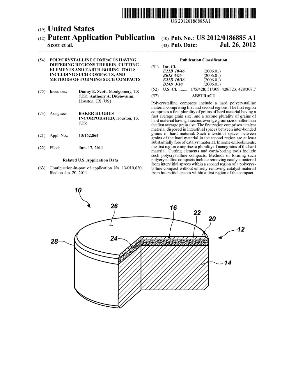 POLYCRYSTALLINE COMPACTS HAVING DIFFERING REGIONS THEREIN, CUTTING     ELEMENTS AND EARTH-BORING TOOLS INCLUDING SUCH COMPACTS, AND METHODS OF     FORMING SUCH COMPACTS - diagram, schematic, and image 01