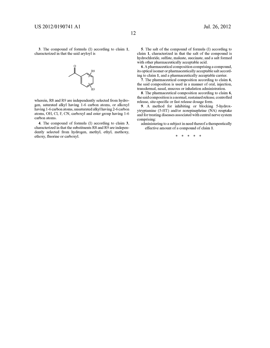 COMPOUNDS FOR INHIBITION OF 5-HYDROXYTRYPTAMINE AND NOREPINEPHRINE     REUPTAKE OR FOR TREATMENT OF DEPRESSION DISORDERS, THEIR PREPARATION     PROCESSES AND USES THEREOF - diagram, schematic, and image 15