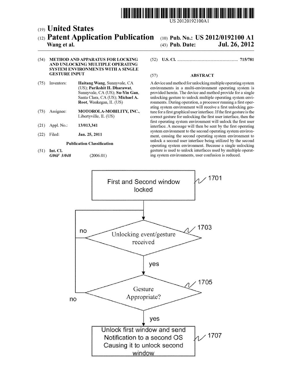 METHOD AND APPARATUS FOR LOCKING AND UNLOCKING MULTIPLE OPERATING SYSTEM     ENVIRONMENTS WITH A SINGLE GESTURE INPUT - diagram, schematic, and image 01