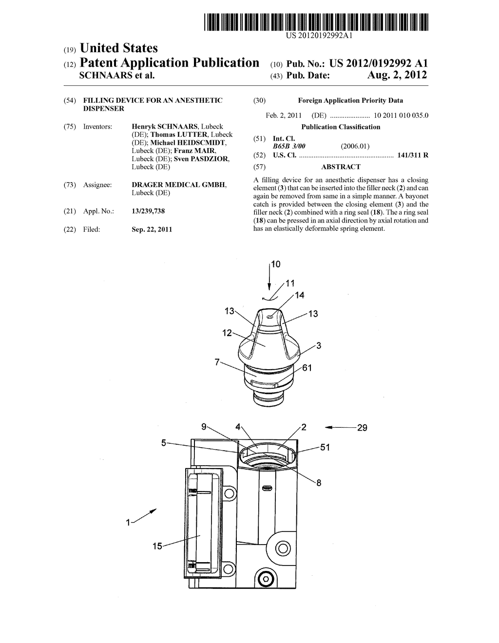 FILLING DEVICE FOR AN ANESTHETIC DISPENSER - diagram, schematic, and image 01