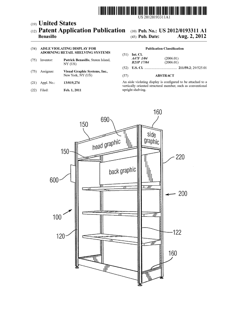 AISLE VIOLATING DISPLAY FOR ADORNING RETAIL SHELVING SYSTEMS - diagram, schematic, and image 01