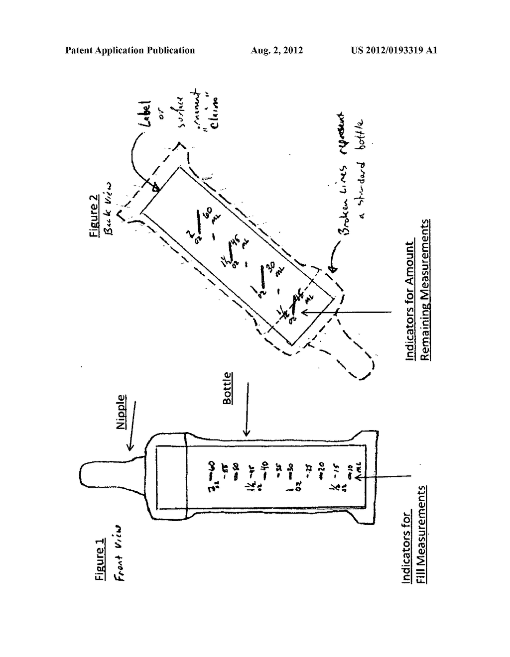 Feeding bottle & nipple with ounce/milliliter indicators for filling     measurements, and ounce/milliliter indicators for amount remaining     measurements that takes into consideration the volume of liquid in the     nipple - diagram, schematic, and image 02