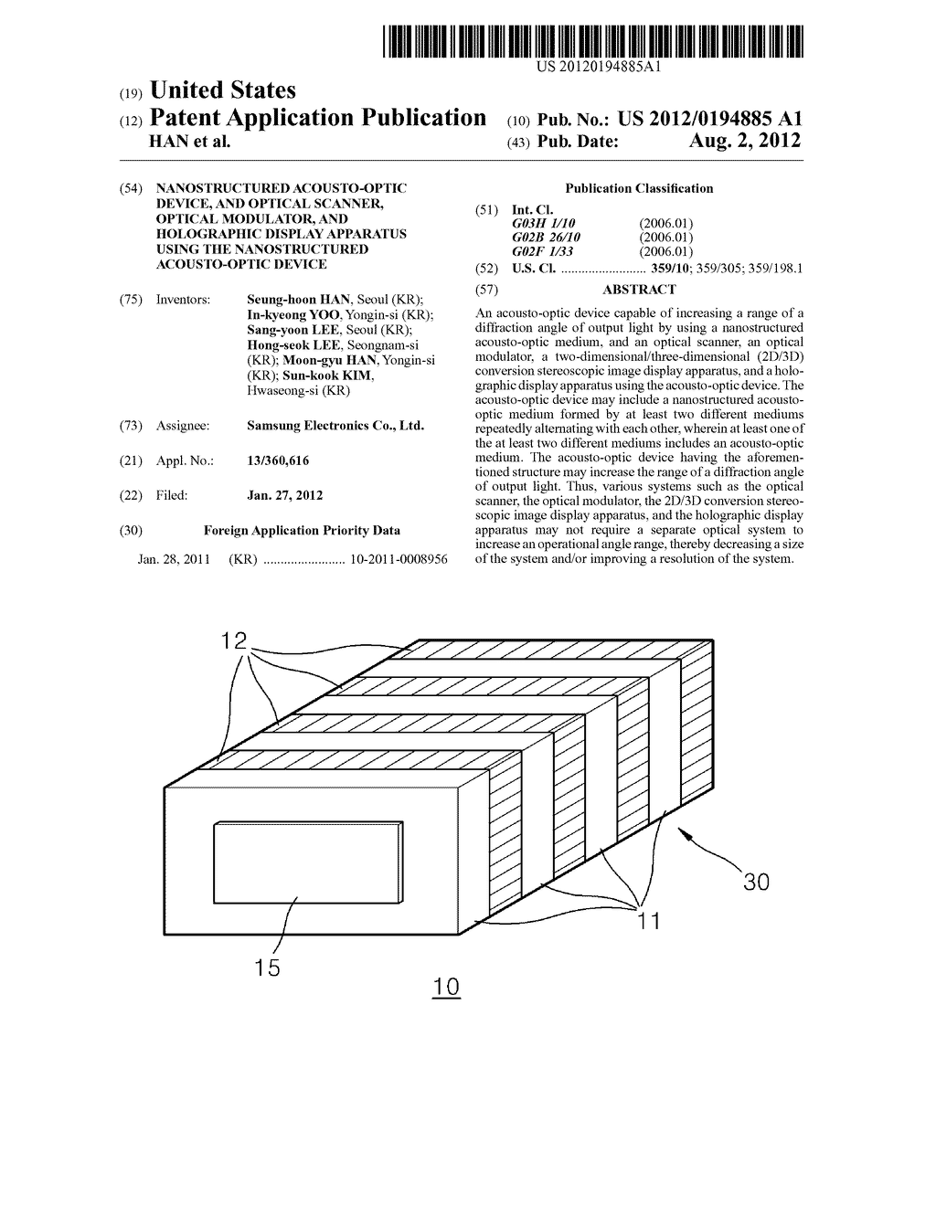 NANOSTRUCTURED ACOUSTO-OPTIC DEVICE, AND OPTICAL SCANNER, OPTICAL     MODULATOR, AND HOLOGRAPHIC DISPLAY APPARATUS USING THE NANOSTRUCTURED     ACOUSTO-OPTIC DEVICE - diagram, schematic, and image 01