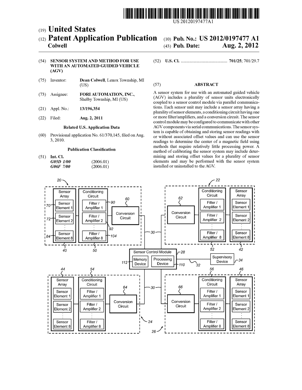 SENSOR SYSTEM AND METHOD FOR USE WITH AN AUTOMATED GUIDED VEHICLE (AGV) - diagram, schematic, and image 01