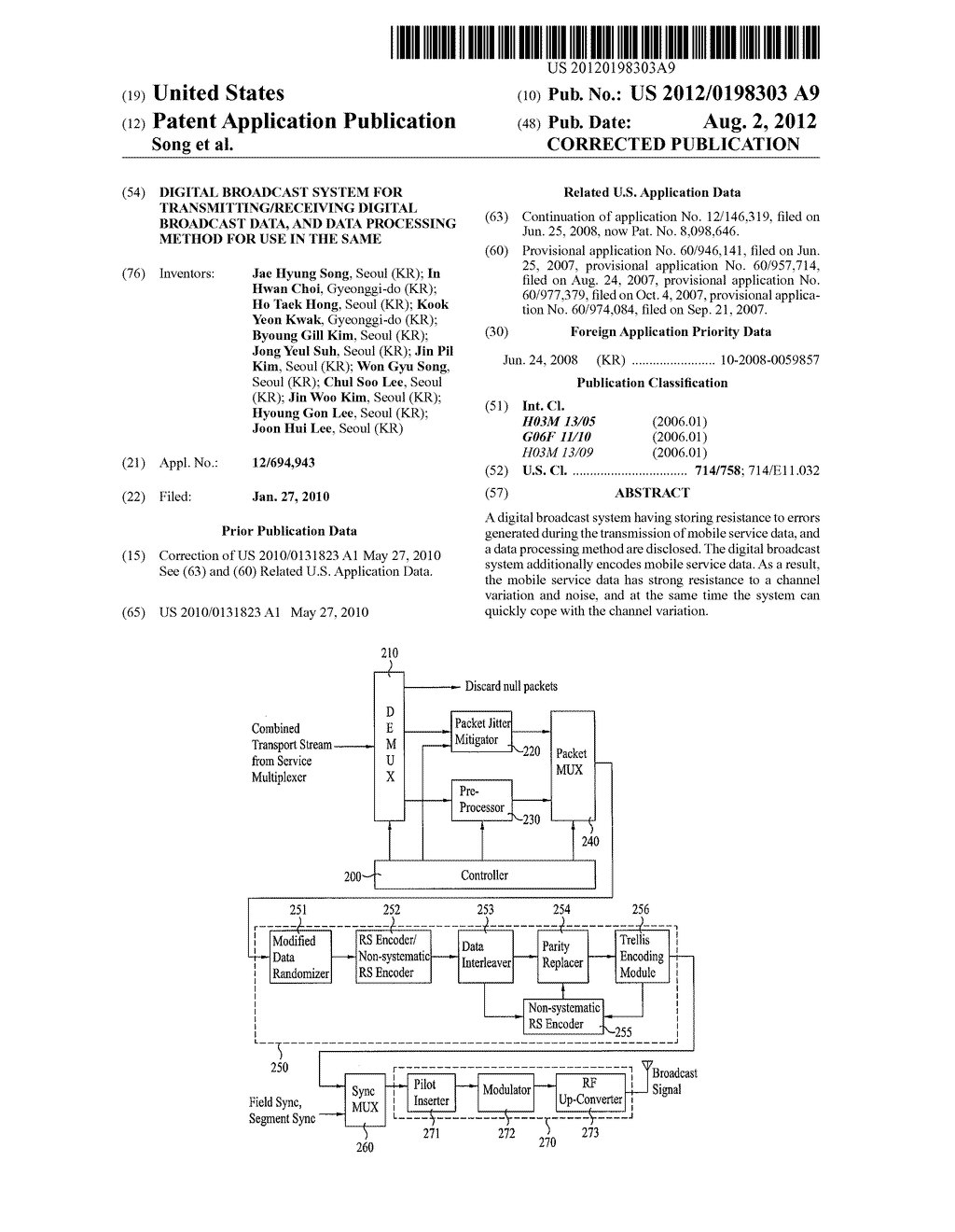 DIGITAL BROADCAST SYSTEM FOR TRANSMITTING/RECEIVING DIGITAL BROADCAST     DATA, AND DATA PROCESSING METHOD FOR USE IN THE SAME - diagram, schematic, and image 01