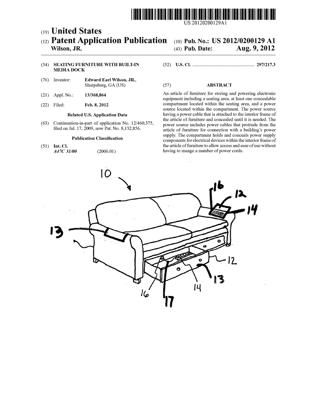 SEATING FURNITURE WITH BUILT-IN MEDIA DOCK - diagram, schematic, and image 01