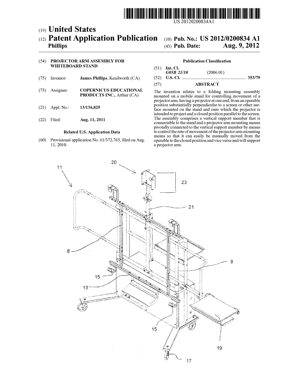 Projector arm assembly for whiteboard stand - diagram, schematic, and image 01